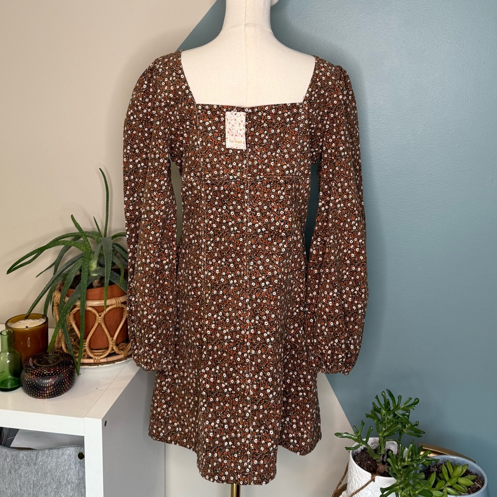 Free People Clementine Corduroy Mini Dress Brown Floral Puff Sleeve Size 10 NWT - Picture 5 of 13